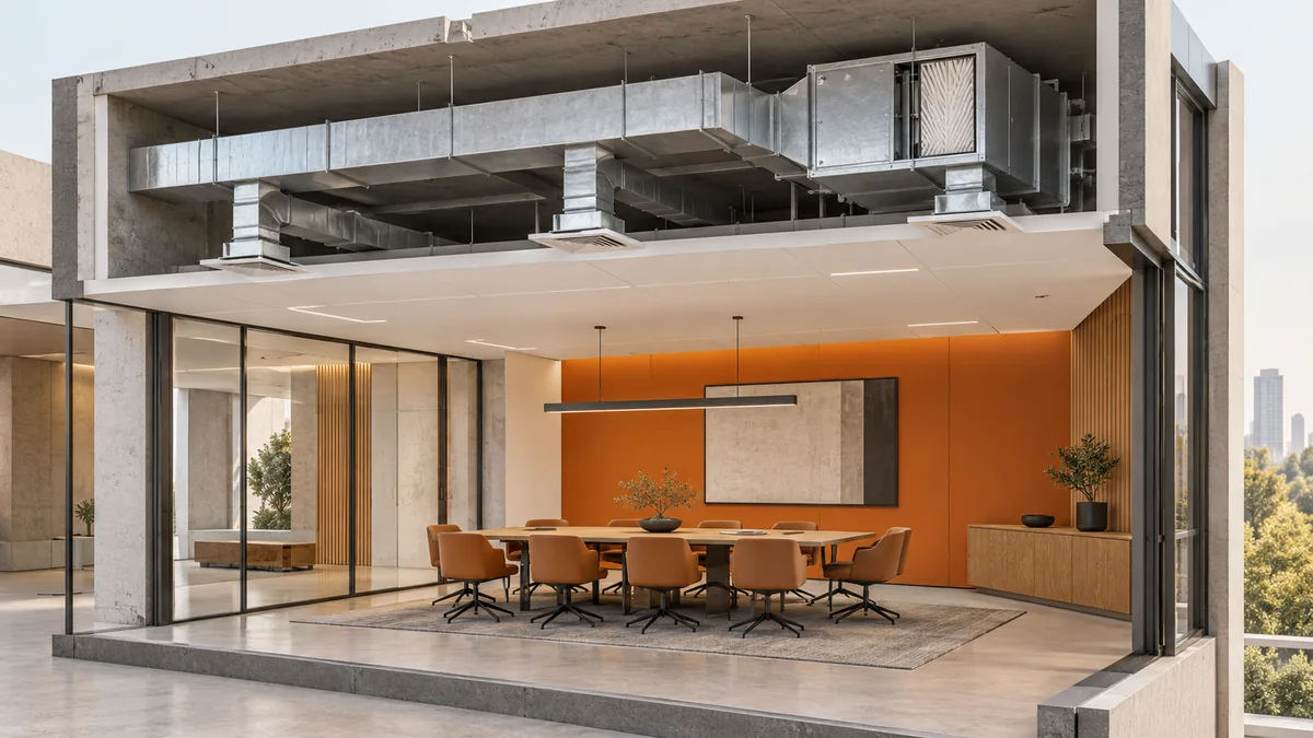 Architectural concept showing AC and ventilation equipment above an office interior