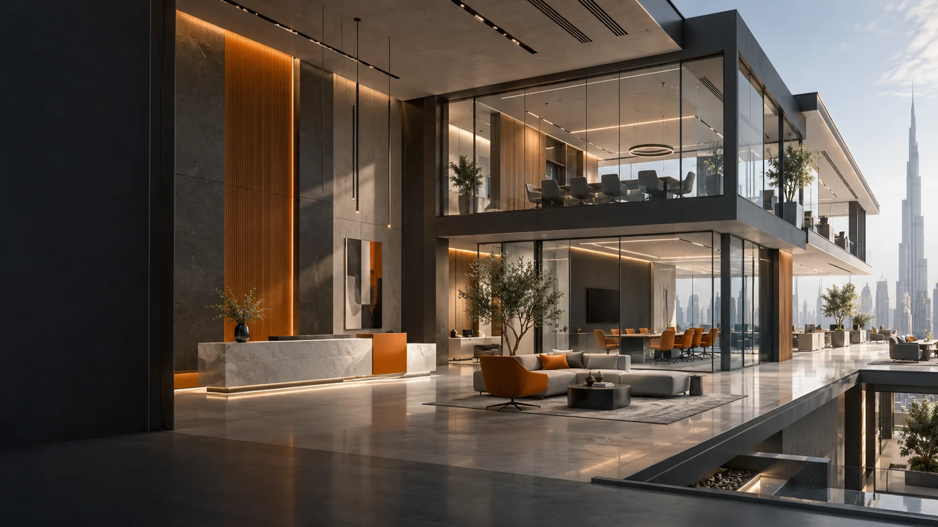 Architectural concept of a substantial corporate fit-out with connected reception and meeting areas; not a completed Fortex project